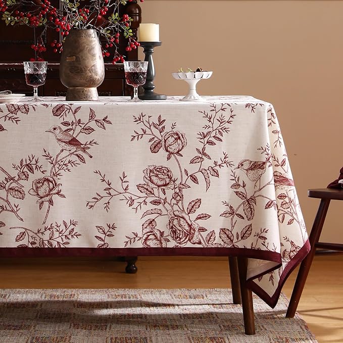 Vintage Rectangle Tablecloth, Linen Table Cloth with Dark Red Floral Leaves and Birds Pattern, Heavy Durable Table Cover for Dining Kitchen Decor Party Christmas, 63" * 94"