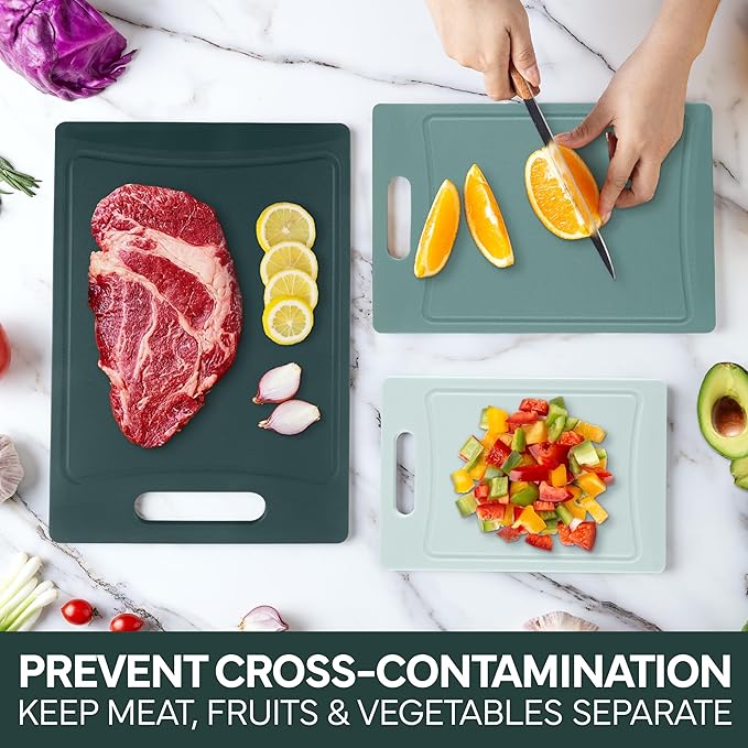 COOK WITH COLOR Non-Slip Cutting Board Set – Kitchen Essentials with Easy Grip Handle for Meat, Veggies, and Fruits, 3 Cutting Boards, Teal