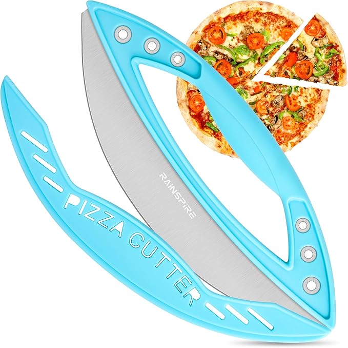 Rainspire 12" Pizza Cutter Rocker Blade Stainless Steel Pizza Rocker with Cover Sharp Blade Pizza Knife Dishwasher Safe Kitchen Gadgets Home Essentials (Blue)