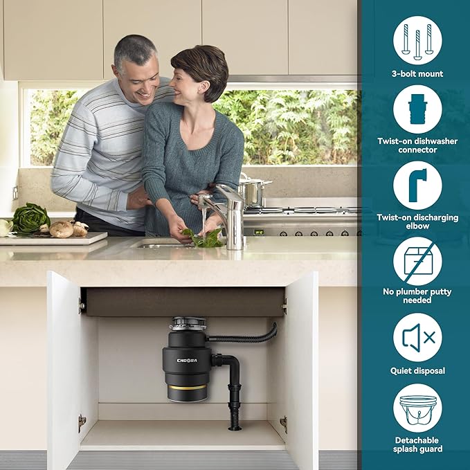 Garbage Disposal 3/4 HP, Food Waste Disposal Continuous Feed, Kitchen Garbage Disposal with Dishwasher Connection & Plug, Power Cord Included, Matte Black