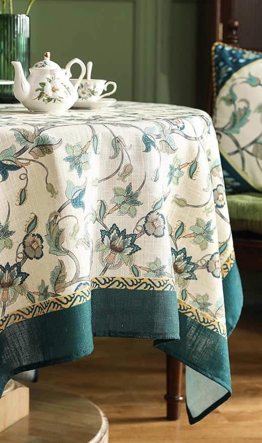 patdrea Designer Floral Linen Table Cloth Durable Breathable Tabletop Cover Dacorative Kitchen Dining Tablecloth for Round Tables for Kitchen Dining Parties,Holiday Christmas,Diameter 55"