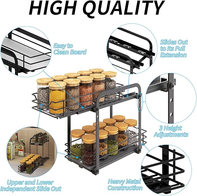 Spice Rack Organizer for Cabinet, 2 Tier Pull Out Spice Organizer for Cabinet Height Adjustable Heavy Duty Metal Basket for Inside Cabinets & Pantry Closet