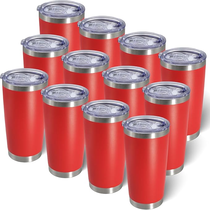 20oz Tumbler Bulk Stainless Steel Tumblers with Lid Vacuum Insulated Double Wall Travel Coffee Mug Powder Coated Tumbler Cup for Hot and Cold Drinks(Red, 12 pack)