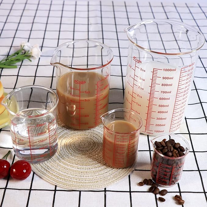 3 Piece Glass Measuring Cup Set, Includes 1/2-Cup, 1-Cup, and 2-Cup High Borosilicate Glasss Liquid Measuring Cups, Dishwasher, Freezer, Microwave, and Preheated Oven Safe, Essential Kitchen Tools