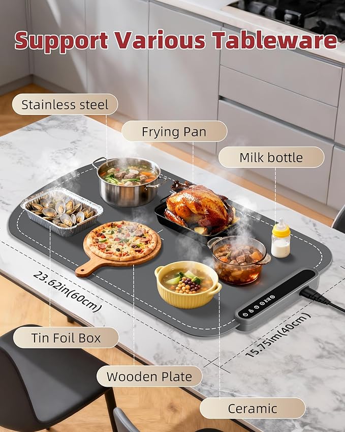 Warming Mat for Food, Upgraded Fast-Heating Electric Warming Tray with 7 Temp Levels & 8 Timers, Buffet Raised Feet & Rollable Silicone Heat Pad, Portable Food Warmer for Home, Party & Travel
