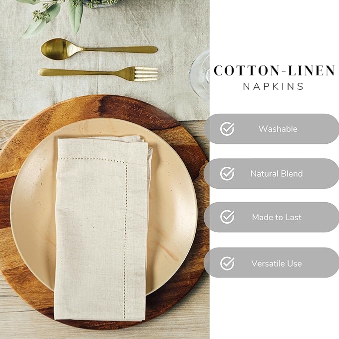 Ramanta Home Natural Cloth Dinner Napkin Set of 4-20x20 Inch, Premium Cotton Linen Flax Hemstitched Napkins, Soft Durable Washable for Everyday Use Thanksgiving Christmas Parties Halloween