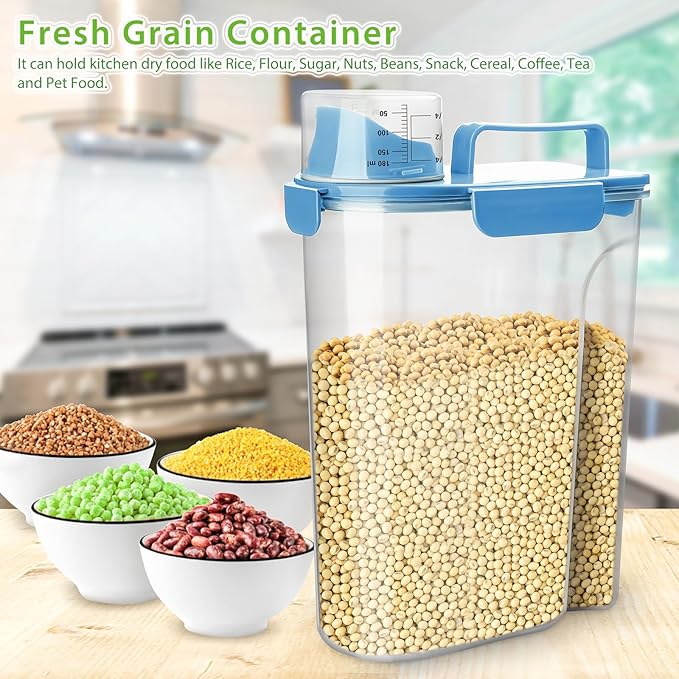 Rice Storage Container, 5 to 10lb Dry Food Airtight Dispenser, Pet Dog Cat Food Canister, BPA Free Clear Plastic Kitchen and Pantry Organization Bin for Oatmeal, Grain, Cereal, Pasta, Flour