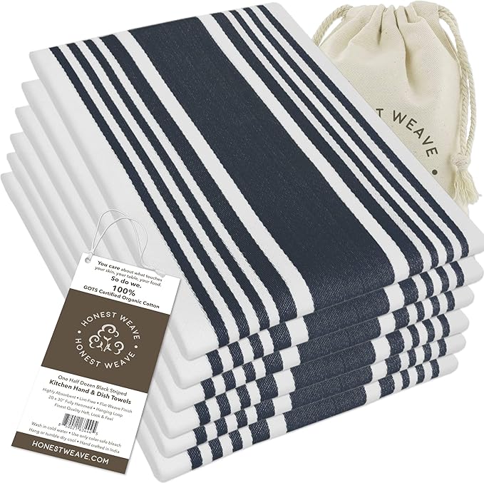 GOTS Certified Organic Cotton Kitchen Hand and Dish Towel Sets - Oversized 20x30 inches, Fully Hemmed, in Designer Colors, 6-Pack, Black Stripe