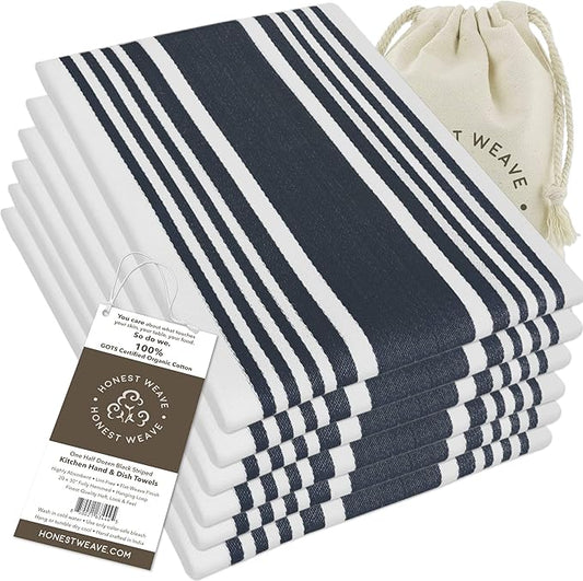 GOTS Certified Organic Cotton Kitchen Hand and Dish Towel Sets - Oversized 20x30 inches, Fully Hemmed, in Designer Colors, 6-Pack, Black Stripe