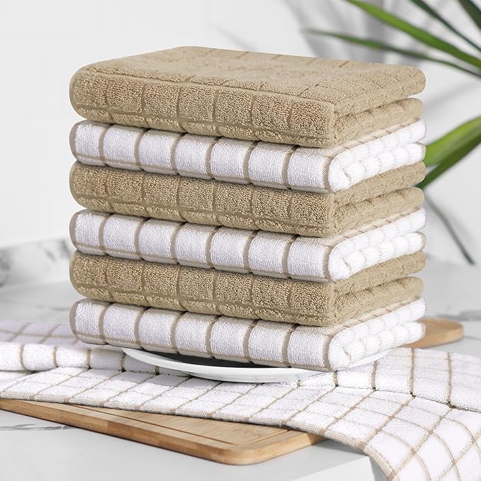 Homaxy Premium Cotton Kitchen Towels 16"x 28", Large Natural Ring Spun 390 GSM Dish Towels, Super Absorbent Terry Kitchen Hand Towels, Soft Tea Towel with Hanging Loop, Tan Check Design, 6 Pack