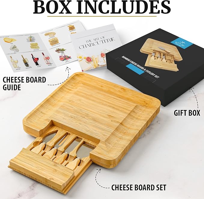 Zulay Kitchen Premium Bamboo Cheese Board Set - Extra Thick Bamboo Charcuterie Board Set with 4 Piece Knife Set - Wooden Cheese Board is Perfect for Charcuterie, Wine and Cheese (Party Set)