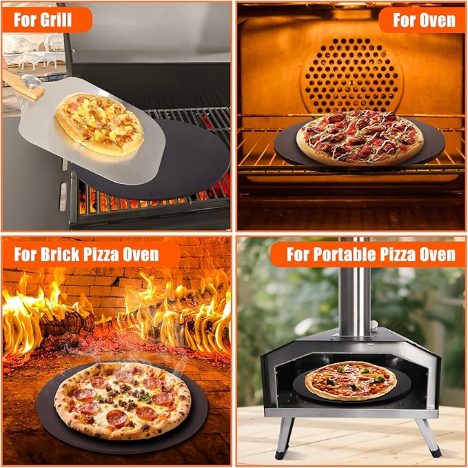 Hisencn 13" Round Pizza Steel for Oven & Grill – Ceramic Baking Steel Pizza Stone Set with Rack, Pizza Peel, Cutter & Dough Scraper, Crack-Resistant & High Heat Conductivity for Crispy Crust