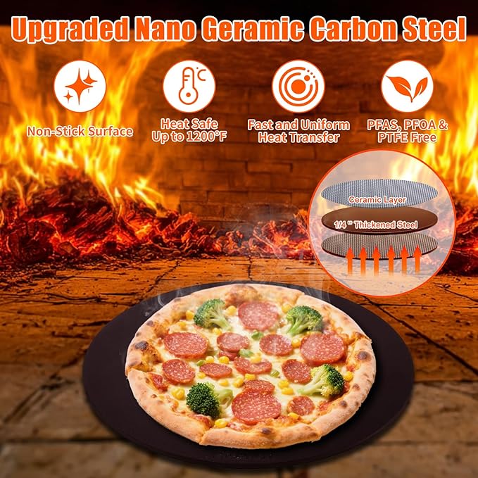 Hisencn 13" Round Pizza Steel for Oven & Grill – Ceramic Baking Steel Pizza Stone Set with Rack, Pizza Peel, Cutter & Dough Scraper, Crack-Resistant & High Heat Conductivity for Crispy Crust