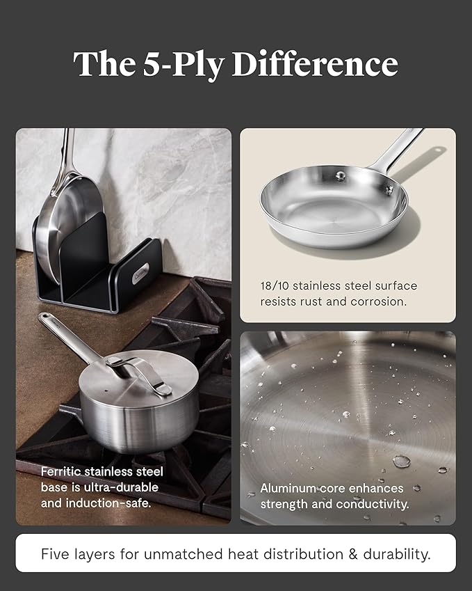 Caraway Stainless Steel Mini Duo - 5-Ply Stainless Steel Fry Pan (8 In) & Sauce Pan (1.75 Qt) - Oven Safe & Stovetop Agnostic - Non Toxic, PTFE & PFOA Free