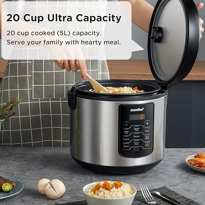 COMFEE' Rice Cooker 10 cup Uncooked/20 cup Cooked , Rice Maker, Steamer, Saute, Steamer and Warmer, 5.2 QT Large Capacity, Brown Rice, Quinoa and Oatmeal, 8 One-Touch Programs