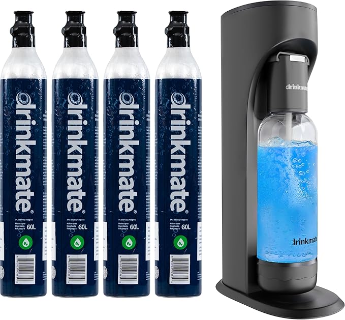 Drinkmate OmniFizz Sparkling Beverage Maker CO2 Bundle - Sparkling Water/Soda Streaming Machine That Carbonates Any Drink - Includes 4 CO2 Cylinders, 1 Carbonation Bottle, 1 Fizz Infuser - Matte Black