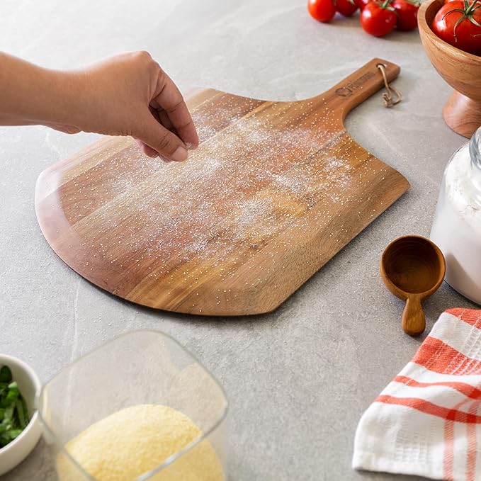 Chef Pomodoro 12-inch Acacia Pizza Peel, Wooden Pizza Peel 12 Inch, Homemade Wood Pizza Peel, Pizza Peel with Handle, Pizza Oven Accessories, Spatula Gourmet