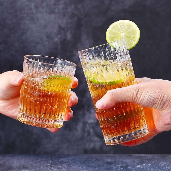 Glassware Drinking Glasses Set of 8, 14 oz Highball Glasses & 10 oz Ribbed Glass Cups, Vintage Glassware for Water, Juice, Cocktail, Whiskey (Clear)