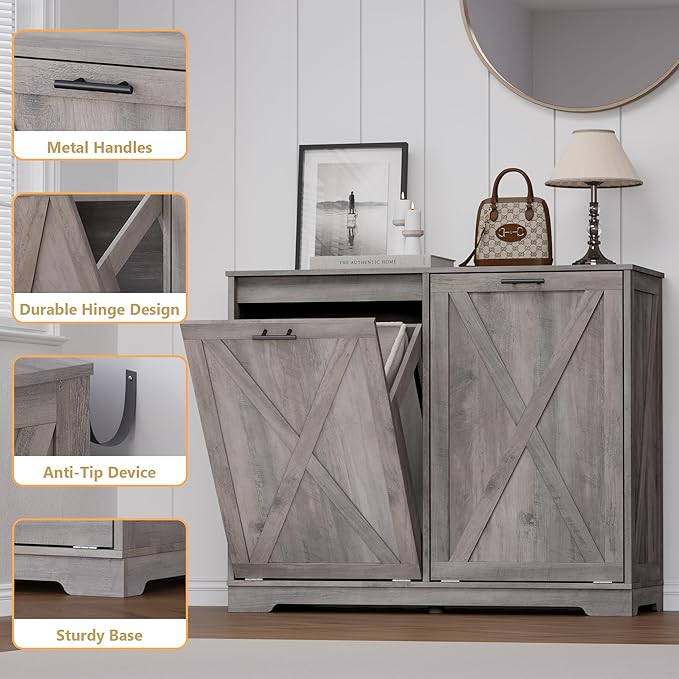 Tilt Out Trash Can Cabinet for 2 Bins, Hidden Recycle Garbage Bin Enclosure, Wooden Double Laundry Cabinet with Odor Control, Negative Ion & Ozone, for Kitchen, Bathroom, Laundry Room