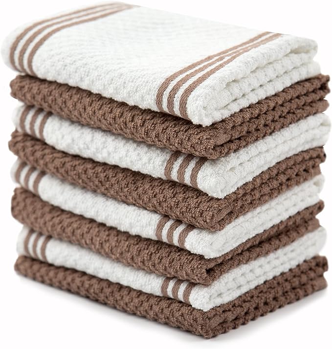 Sticky Toffee Cotton Dishcloths Set of 8 – Brown and White Dish Towels 12x12 in, Reusable and Absorbent Tea Towels for Cleaning or Drying, Oeko-Tex Cotton
