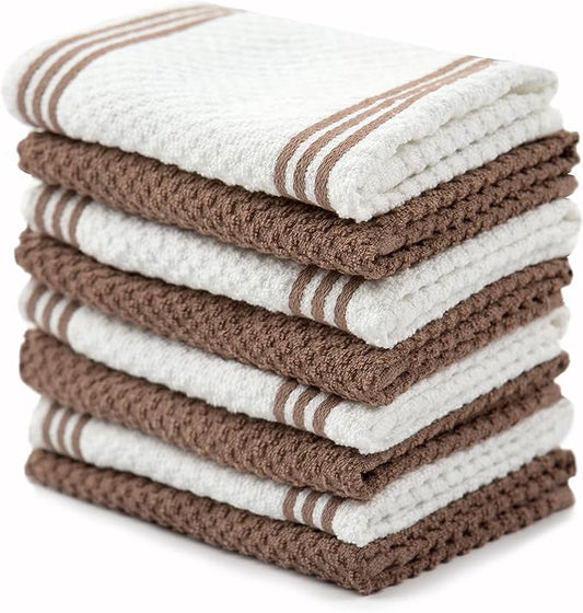 Sticky Toffee Cotton Dishcloths Set of 8 – Brown and White Dish Towels 12x12 in, Reusable and Absorbent Tea Towels for Cleaning or Drying, Oeko-Tex Cotton
