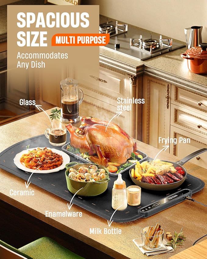 Food Warming Mat for Buffet, VEPOKA Food Warming Mats for Countertop, Silicone Heating Mat with 7 Temperature Levels& Auto Shut-Off, Food Warmers for Parties, Gatherings, Everyday Use