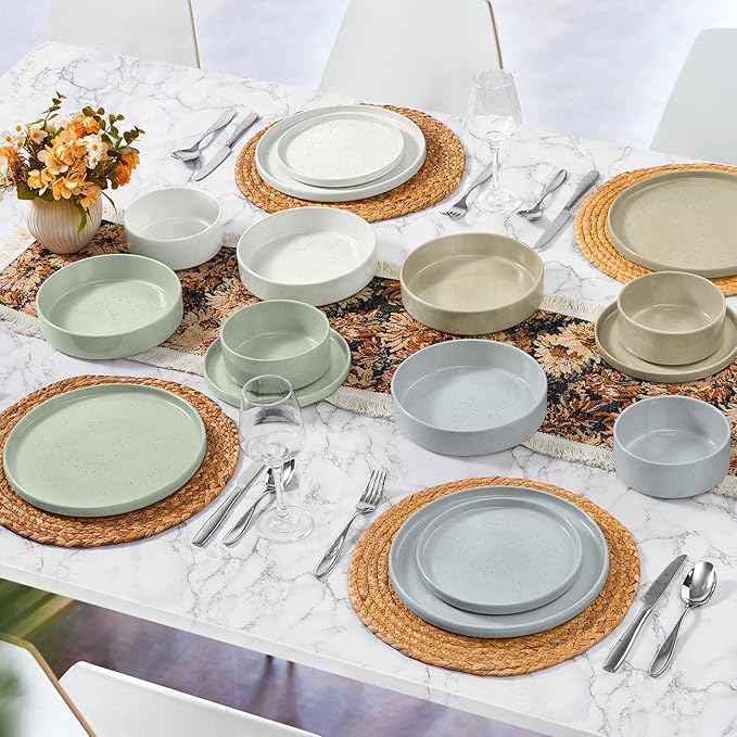 Herogo Dinnerware Dishes Sets with Pasta Bowls, 16 Piece Stoneware Plates and Bowls for 4, Ceramic Dinner Ware for Kitchen, Dishwasher & Microwave Safe, Speckled Multicolor