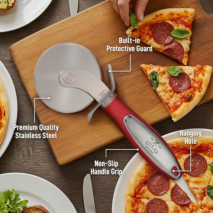 Zulay Kitchen Large Pizza Cutter Wheel - Premium Stainless Steel Pizza Slicer - Easy To Clean & Cut Pizza Wheel - Super Sharp, Non-Slip Handle & Dishwasher Friendly - Red