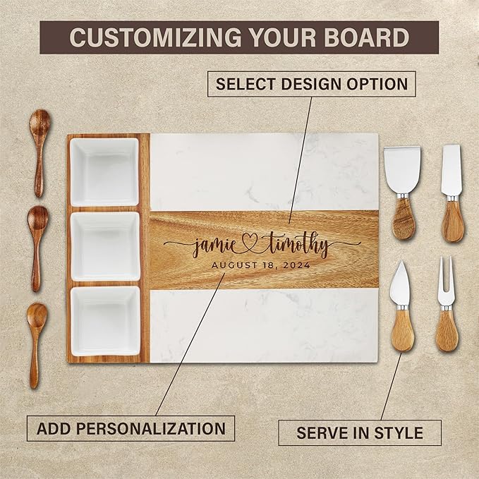 Personalized Wedding Gifts for Couples,Marble Wood Charcuterie Board,Newlyweds,Bridal Shower Gifts for Bride, Husband,Wife,Engagement Gifts,Mr and Mrs Gifts,Custom Laser Engraved Cheese Serving Board
