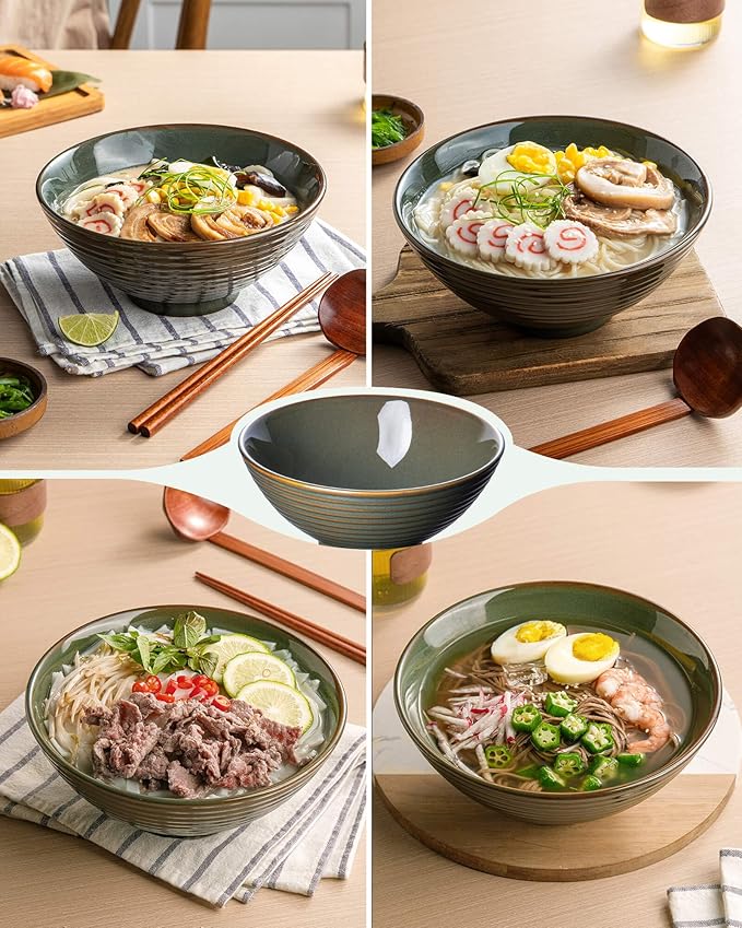 Large Japanese Ramen Bowl Set of 4, Material Safety Ceramic Ramen Bowls with Matching Chopsticks and Spoons, 8 Inch 40oz Pho Bowls Ramen Noodle Bowl for Asian Udon Soup Salad Cereal(Retro Cyan)