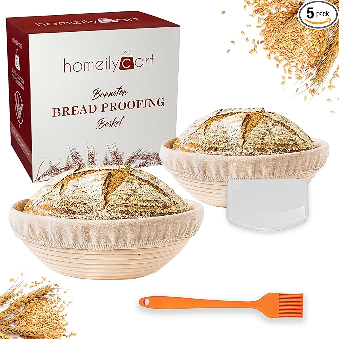 Banneton Bread Proofing Baskets - 2 Pcs 9 Inch Round Bread Proofing Baskets with liner, Plastic Scraper & Oil Brush | Ideal Gift for Bakers