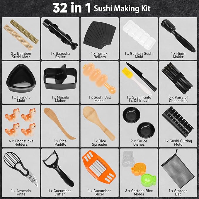 FUNGYAND Sushi Making Kit, 32-in-1 Complete Set with Bazooka Roller, Nigiri & Musubi Presses, Bamboo Mats, Knife, Peeler, Animal Rice Molds, Chopsticks & More – Perfect for Family Fun