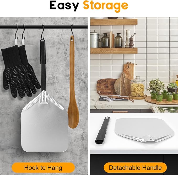 Pizza Peel 12 Inch, Pizza Spatula with Oven Gloves, Detachable Handle, Pizza Paddle for Indoor & Outdoor, Pizza Oven Accessories