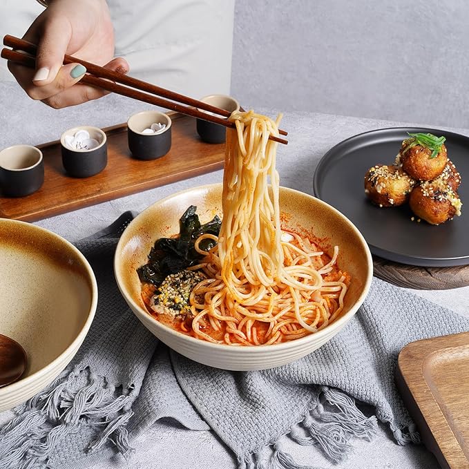 NUTRIUPS 8 Inch Ceramic Ramen Bowl Set of 2 Pho Bowls Japanese Noodle Udon Soup Bowls with Spoons and Chopsticks (Wheat Gold)
