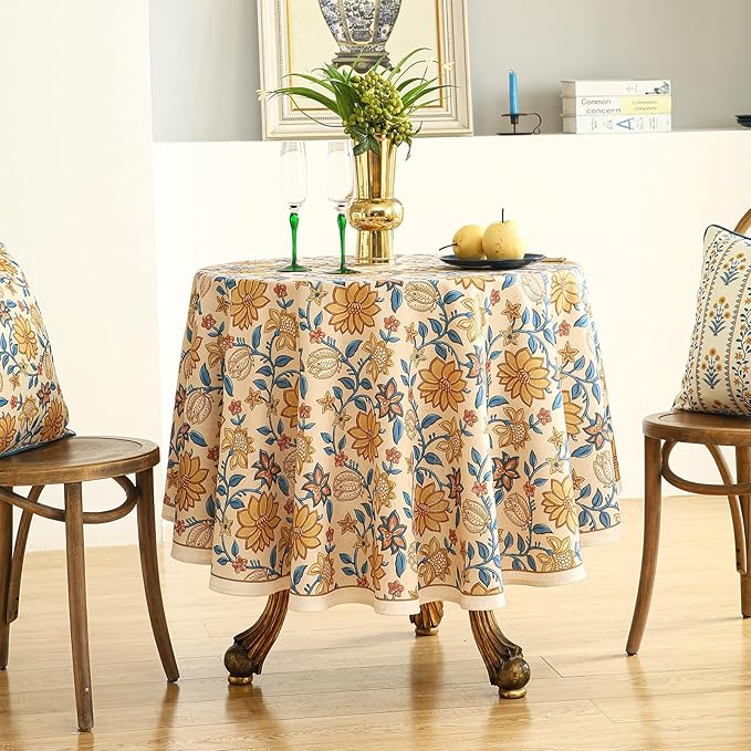 French Tablecloth for Round Tables,Linen Table Cloth with Yellow Flowers Pattern,Heavy Durable Table Cover for Dining Thanksgiving Kitchen Decor Party Christmas,Diameter 67"