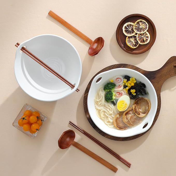 MALACASA 42 oz Ceramic Ramen Bowl Set with Wooden Spoon & Chopsticks, Japanese Style Soup Bowls for Ramen, Pho, Noodles – Set of 2, Microwave & Oven Safe – TARA Series (White and Khaki)