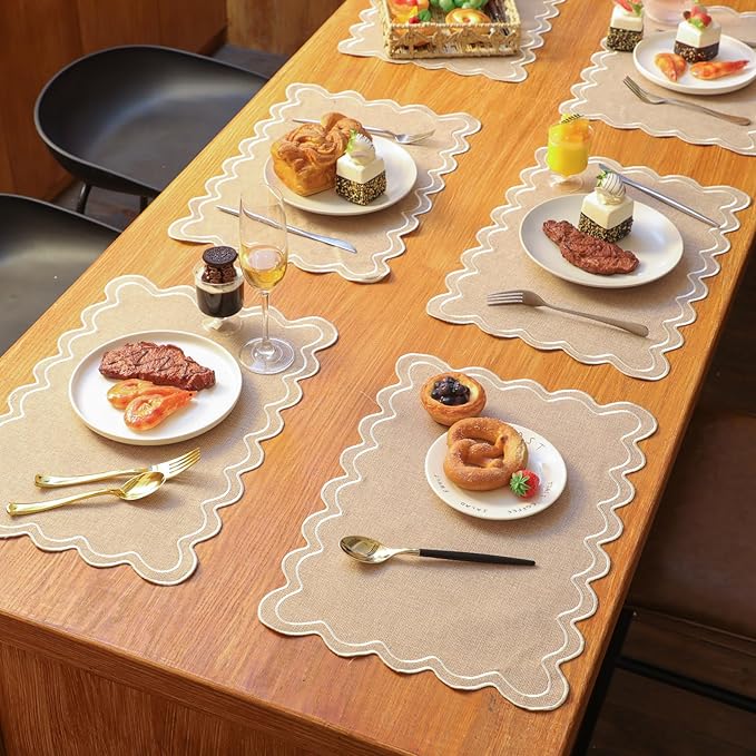 12 Set Linen Placemat 13x19 Wavy Embroidery Scalloped Placemat Double Layered Washable Farmhouse Dinner Table Mat Fabric Napkin for Christmas Hotel Restaurant Wedding Party(Linen Color)