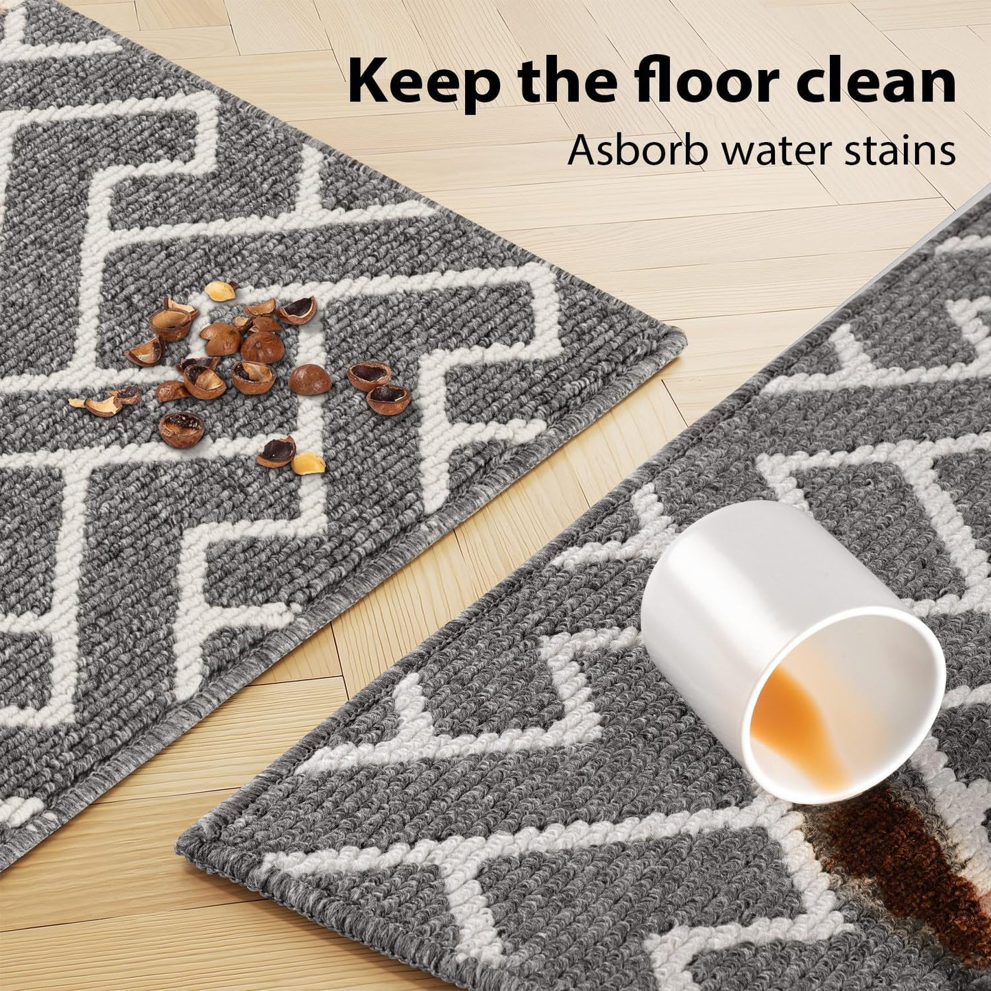 hicorfe Kitchen Rugs and Mats Sets,Non-Slip 2 Pieces Absorbent 100% Polypropylene Rug,Comfort Kitchen Runner Mat,Washable for Kitchen,Sink,Laundry(20" x 31.5" Plus 20" x 59",Grey)