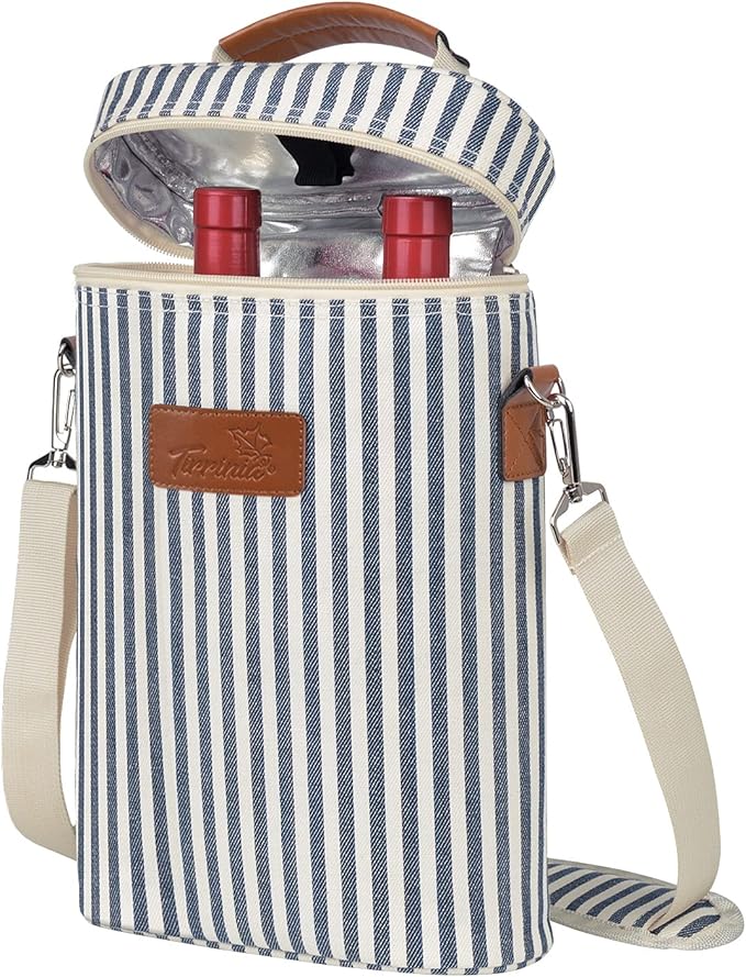 Tirrinia 2 Bottle Insulated Wine Tote Carrier - Leakproof, Padded Cooler Bag for Travel, BYOB, Tasting, Parties - Great Gift for Wine Lovers, Striped