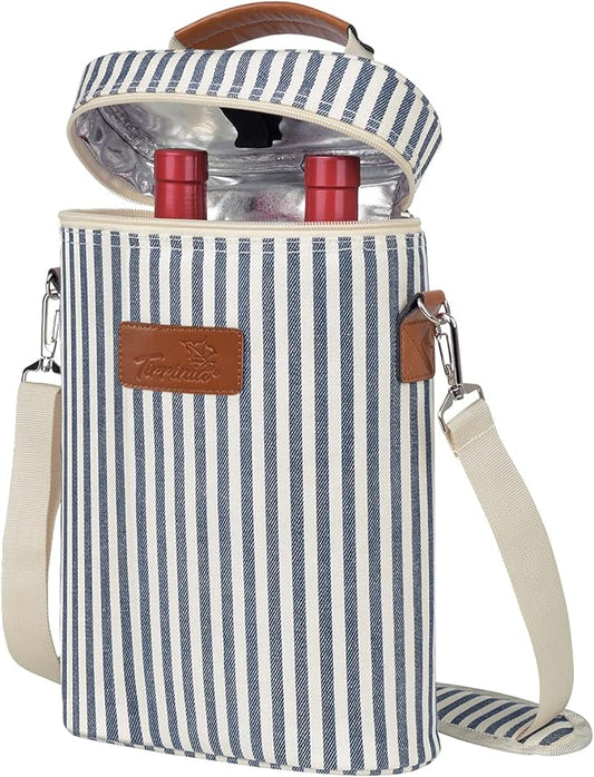 Tirrinia 2 Bottle Insulated Wine Tote Carrier - Leakproof, Padded Cooler Bag for Travel, BYOB, Tasting, Parties - Great Gift for Wine Lovers, Striped