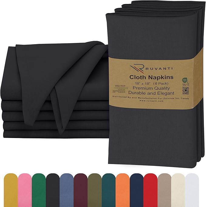 Ruvanti Cloth Napkins Set of 6, 18x18 Inches, 100% Cotton, Washable, Soft & Absorbent, Perfect for Wedding, Christmas, ‎Thanksgiving Dinners - Black Beauty