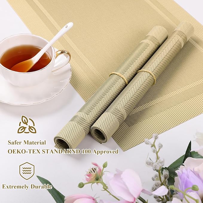 SHACOS Woven Plastic Placemats Set of 4 Wipe Clean Heat Resistant Place Mats for Dining Table PVC Weave Table Mats Indoor Outdoor (4, Frame Beige)