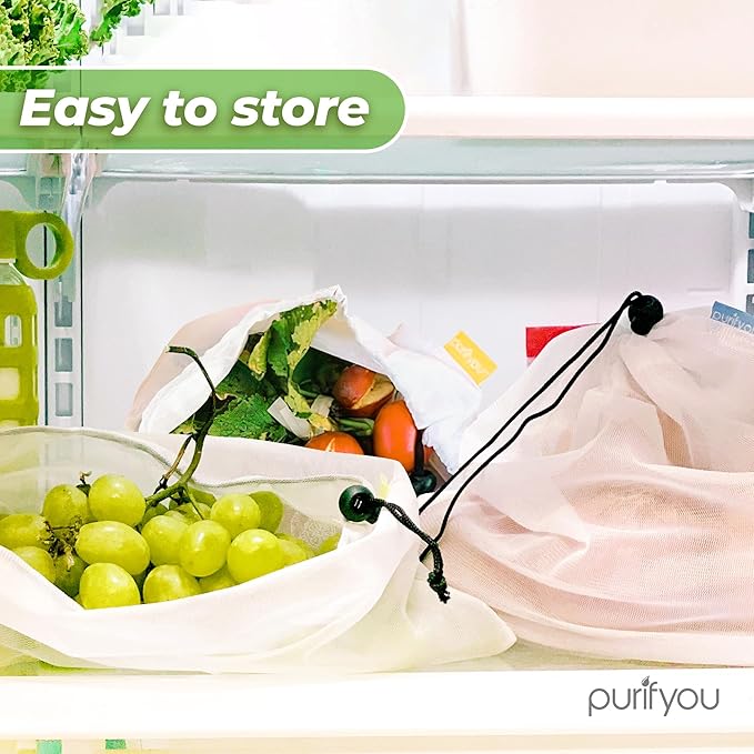 purifyou Set of 9 Reusable Produce Bags, Heavy Duty Washable Mesh Grocery Bag with Drawstring, Ideal for Farmers Market, Beach, and Refrigerator Storage (Extra Large, Large, Small)