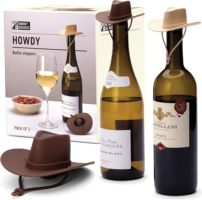 Monkey Business Howdy - 2-Pack Cowboy Hat Wine Stoppers – Fun Silicone Bottle Stoppers Keep Wine Fresh – Novelty Kitchen Gadgets & Cute Wine Accessories