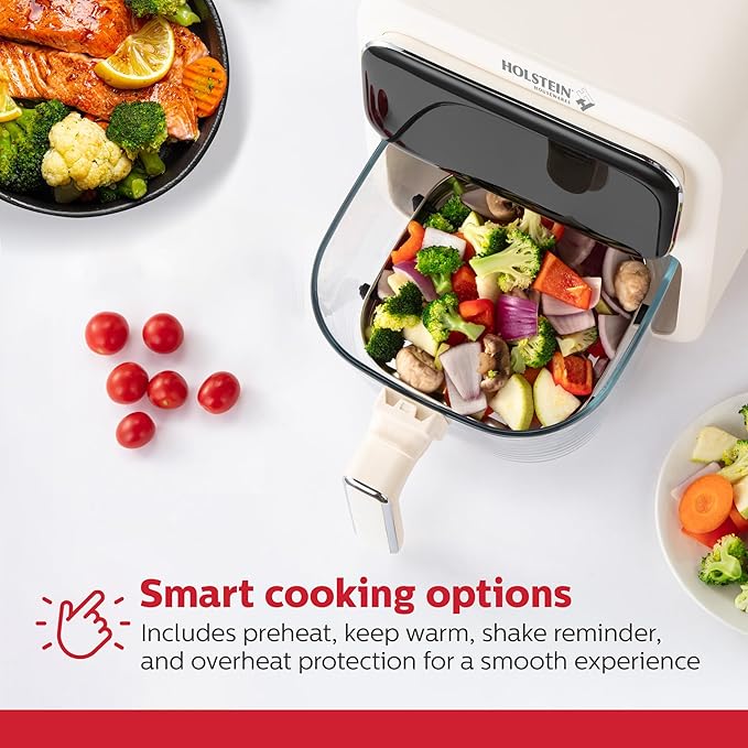 Holstein Housewares 4.2 QT Digital Air Fryer with Glass Basket, With Hot Air Technology, Up to 400° & Non -Stick Frying Pan for Less Oil Use. Air Fry, Bake, Grill, Dehydrate & Roast Healthy Meals