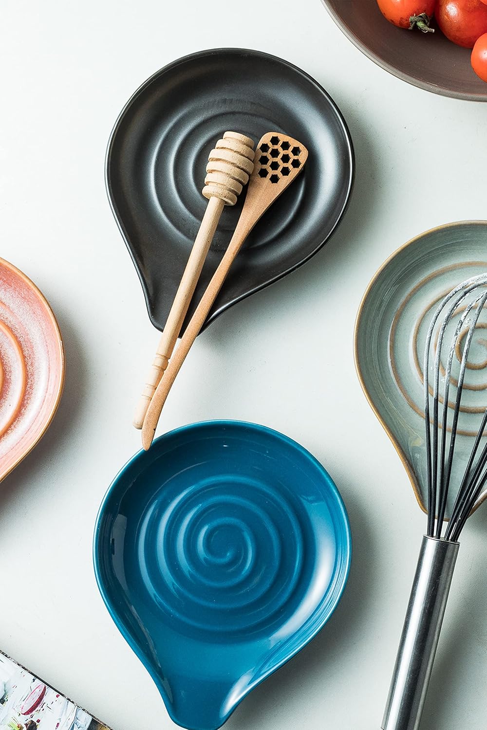 Spoon Rest, Porcelain Drip Tray for Multiple Utensils, Cooking&Large Spoon Holder for Stove Top, Modern Farmhouse Kitchen Decor Utensil Holder for Spoons, Ladles, Tongs&Spatula, Black