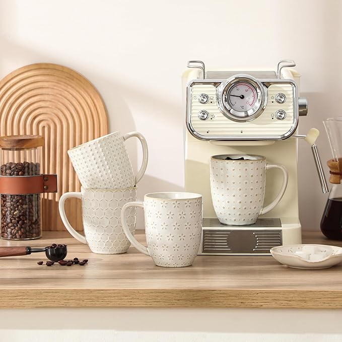 MALACASA LYDIA Coffee Mugs, 16 OZ Ceramic Mugs Set of 4 with Handle, Embossment Cups for Latte, Hot Tea, Cappuccino, Mocha, Cocoa, Dishwasher & Microwave Safe Gift Set, White