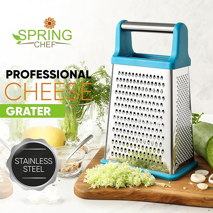 Spring Chef Handheld Stainless Steel XL Parmesan Cheese Grater with Handle - 4 Sided Metal Box Grater for Kitchen - Dishwasher Safe Potato Shredder for Hash Browns, Potato, Carrot, Vegetables - Teal