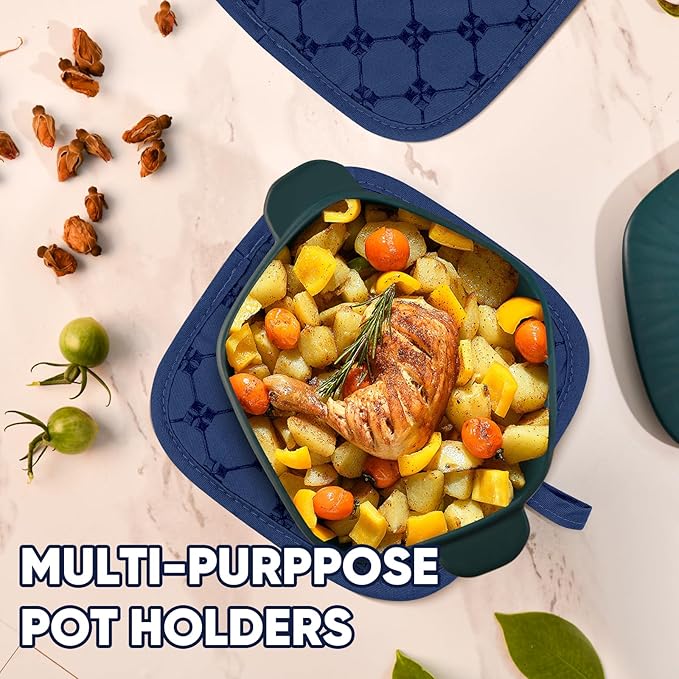 Oven Mitts Kitchen Towels Dishcloths with Pot Holders Sets 12PCS,Dish Towels Sets,Oven Gloves Pot Pads Heat Resistant 500 Degrees with Non-Slip Silicone Surface for Cooking Baking Grilling-Marine Blue