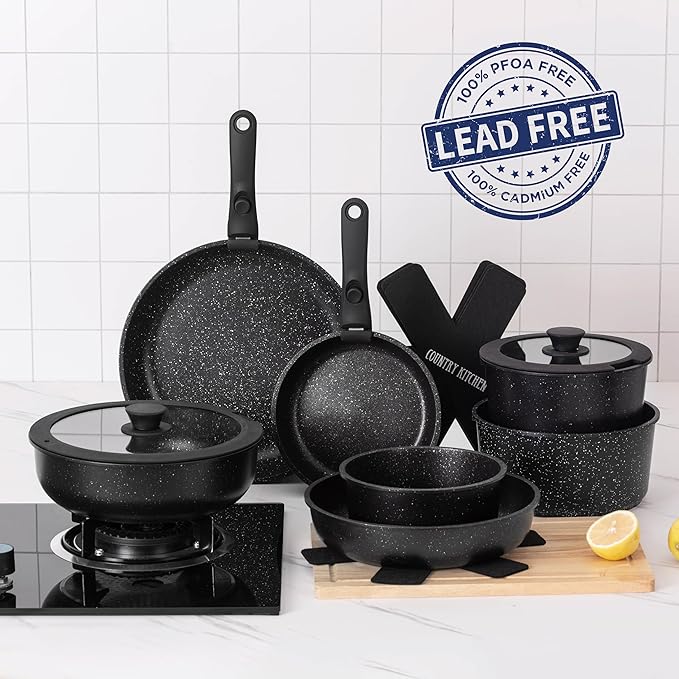 Country Kitchen Cookware Set with Removable Handle, Oven & RV Safe Pots and Pans Set, Black, Deluxe Larger Set